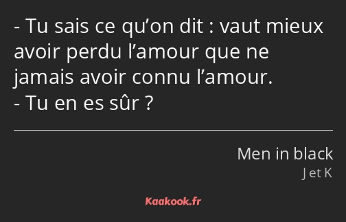 Tu sais ce qu’on dit : vaut mieux avoir perdu l’amour que ne jamais avoir connu l’amour. Tu en es…