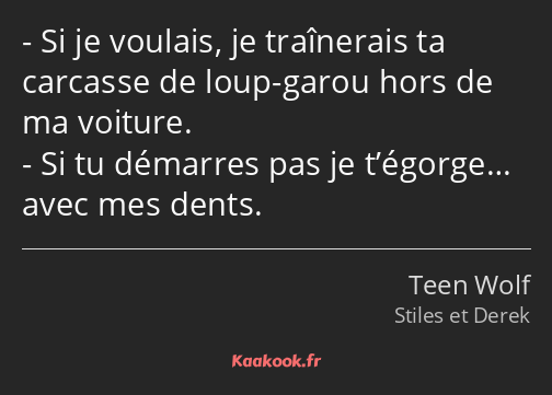 Si je voulais, je traînerais ta carcasse de loup-garou hors de ma voiture. Si tu démarres pas je…