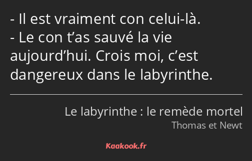 Il est vraiment con celui-là. Le con t’as sauvé la vie aujourd’hui. Crois moi, c’est dangereux dans…