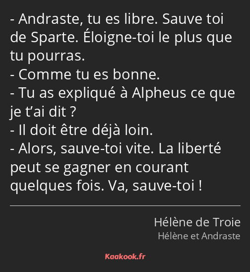 Andraste, tu es libre. Sauve toi de Sparte. Éloigne-toi le plus que tu pourras. Comme tu es bonne…