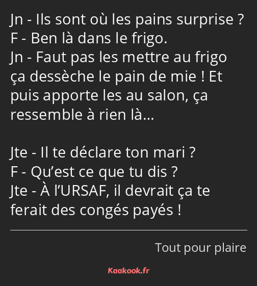 Jn - Ils sont où les pains surprise ? F - Ben là dans le frigo. Jn - Faut pas les mettre au frigo…