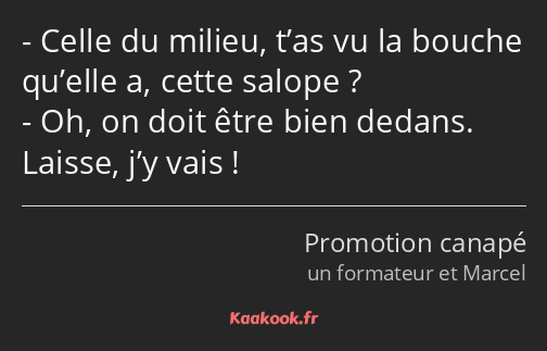 Celle du milieu, t’as vu la bouche qu’elle a, cette salope ? Oh, on doit être bien dedans. Laisse…