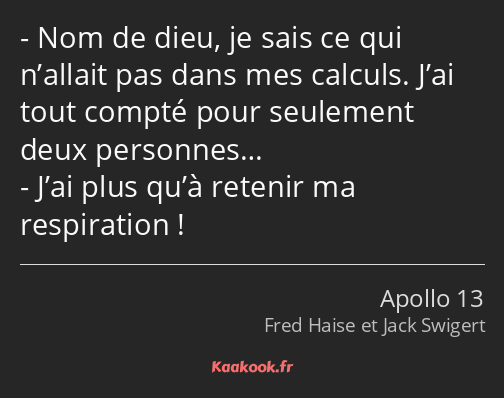 Nom de dieu, je sais ce qui n’allait pas dans mes calculs. J’ai tout compté pour seulement deux…