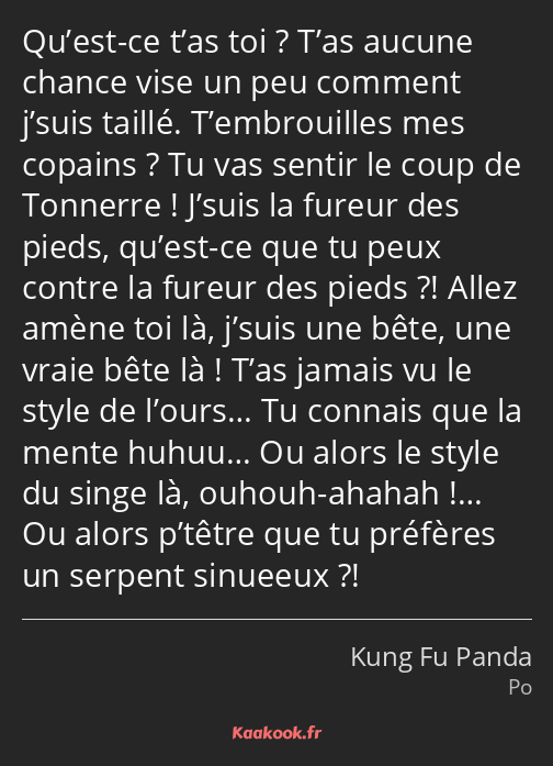 Qu’est-ce t’as toi ? T’as aucune chance vise un peu comment j’suis taillé. T’embrouilles mes…