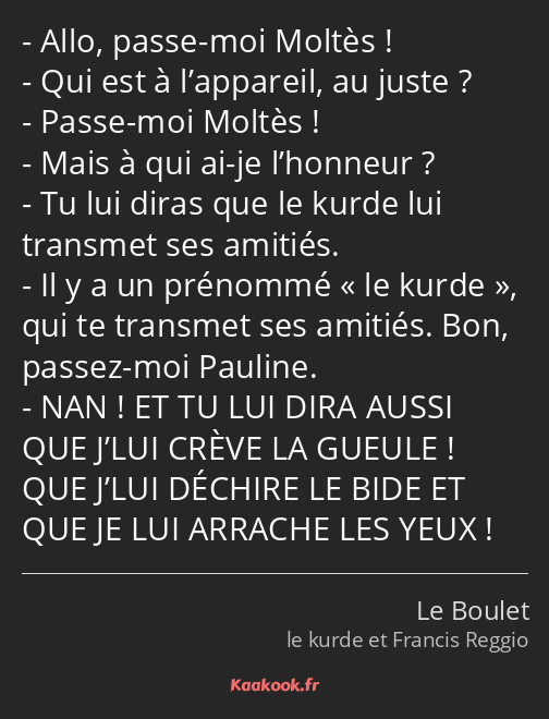 Allo, passe-moi Moltès ! Qui est à l’appareil, au juste ? Passe-moi Moltès ! Mais à qui ai-je…