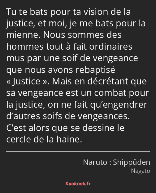 Tu te bats pour ta vision de la justice, et moi, je me bats pour la mienne. Nous sommes des hommes…