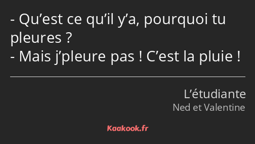 Qu’est ce qu’il y’a, pourquoi tu pleures ? Mais j’pleure pas ! C’est la pluie !