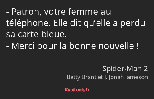 Patron, votre femme au téléphone. Elle dit qu’elle a perdu sa carte bleue. Merci pour la bonne…