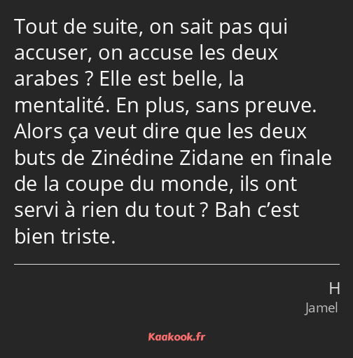 Tout de suite, on sait pas qui accuser, on accuse les deux arabes ? Elle est belle, la mentalité…