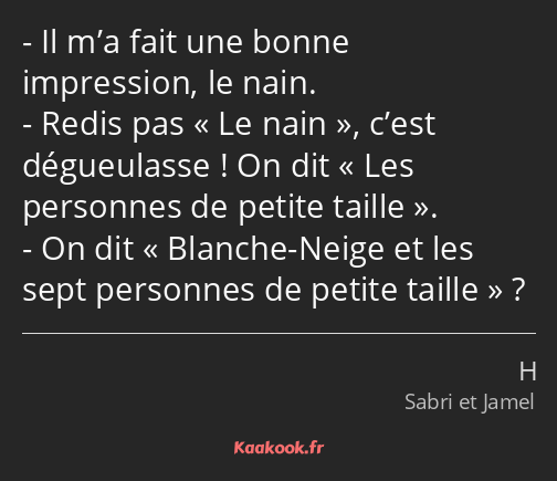 Il m’a fait une bonne impression, le nain. Redis pas Le nain, c’est dégueulasse ! On dit Les…