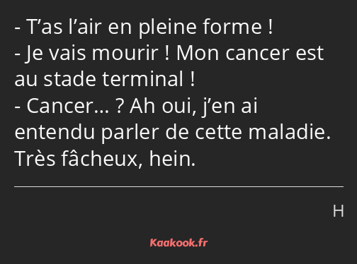 T’as l’air en pleine forme ! Je vais mourir ! Mon cancer est au stade terminal ! Cancer… ? Ah oui…