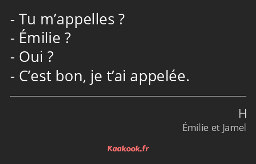 Tu m’appelles ? Émilie ? Oui ? C’est bon, je t’ai appelée.