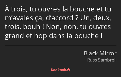 À trois, tu ouvres la bouche et tu m’avales ça, d’accord ? Un, deux, trois, bouh ! Non, non, tu…