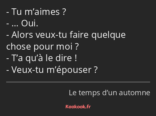 Tu m’aimes ? … Oui. Alors veux-tu faire quelque chose pour moi ? T’a qu’à le dire ! Veux-tu…