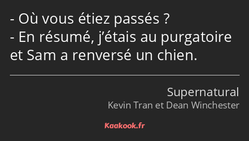 Où vous étiez passés ? En résumé, j’étais au purgatoire et Sam a renversé un chien.