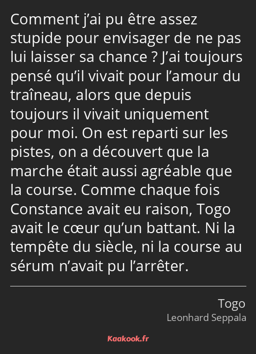 Comment j’ai pu être assez stupide pour envisager de ne pas lui laisser sa chance ? J’ai toujours…