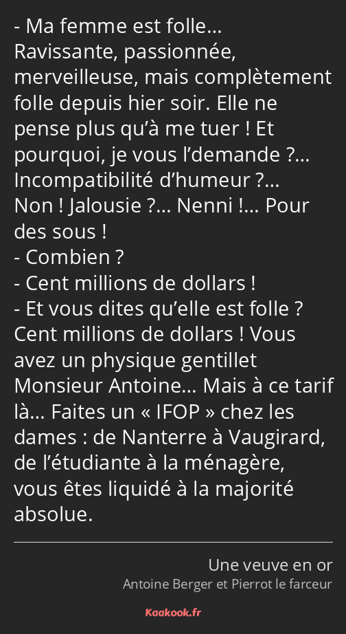 Ma femme est folle… Ravissante, passionnée, merveilleuse, mais complètement folle depuis hier soir…