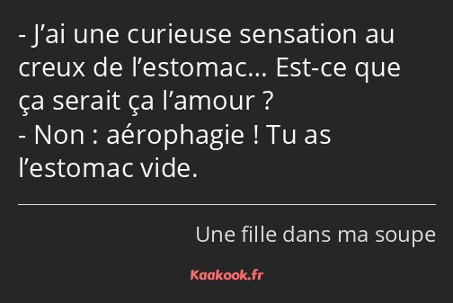 J’ai une curieuse sensation au creux de l’estomac… Est-ce que ça serait ça l’amour ? Non…