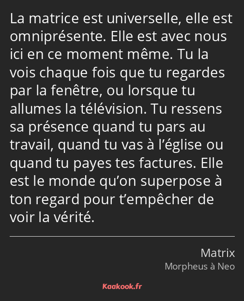 La matrice est universelle, elle est omniprésente. Elle est avec nous ici en ce moment même. Tu la…