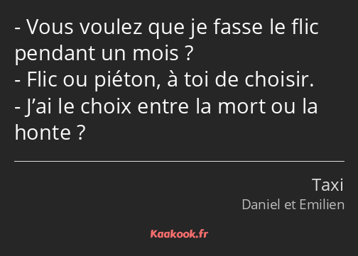 Vous voulez que je fasse le flic pendant un mois ? Flic ou piéton, à toi de choisir. J’ai le choix…