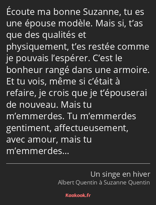 Écoute ma bonne Suzanne, tu es une épouse modèle. Mais si, t’as que des qualités et physiquement…