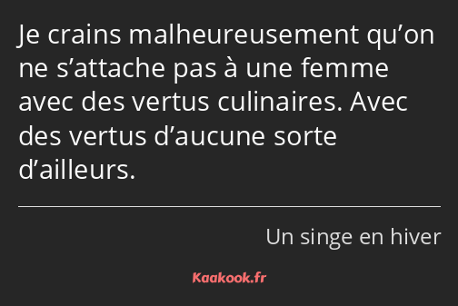 Je crains malheureusement qu’on ne s’attache pas à une femme avec des vertus culinaires. Avec des…