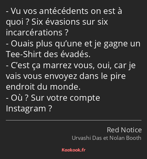 Vu vos antécédents on est à quoi ? Six évasions sur six incarcérations ? Ouais plus qu’une et je…