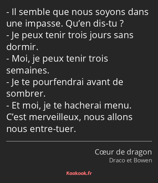 Il semble que nous soyons dans une impasse. Qu’en dis-tu ? Je peux tenir trois jours sans dormir…