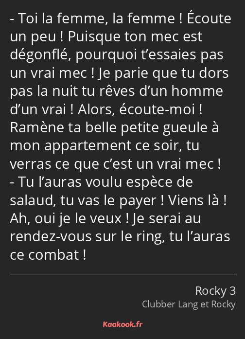 Toi la femme, la femme ! Écoute un peu ! Puisque ton mec est dégonflé, pourquoi t’essaies pas un…