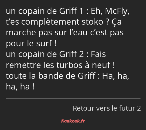 Eh, McFly, t’es complètement stoko ? Ça marche pas sur l’eau c’est pas pour le surf ! Fais remettre…