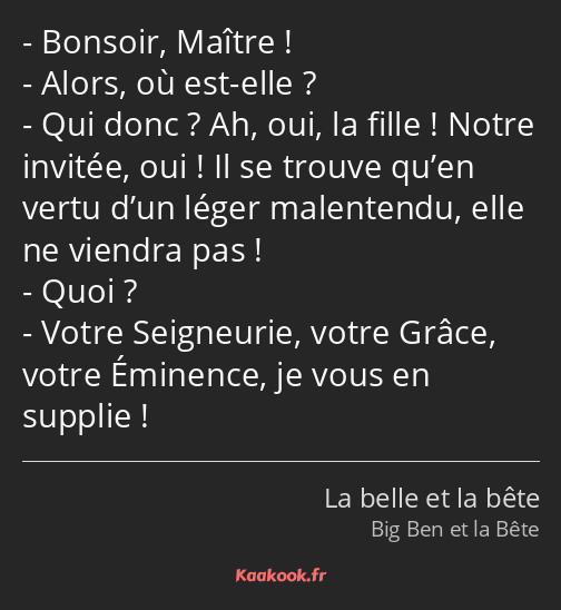 Bonsoir, Maître ! Alors, où est-elle ? Qui donc ? Ah, oui, la fille ! Notre invitée, oui ! Il se…