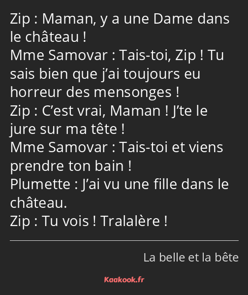 Maman, y a une Dame dans le château ! Tais-toi, Zip ! Tu sais bien que j’ai toujours eu horreur des…