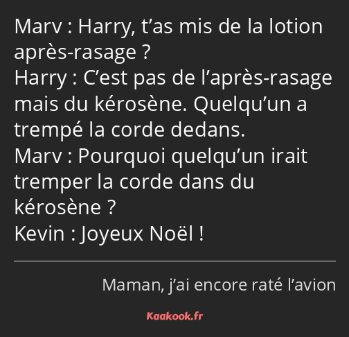 Harry, t’as mis de la lotion après-rasage ? C’est pas de l’après-rasage mais du kérosène. Quelqu’un…