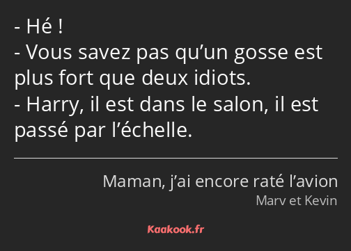 Hé ! Vous savez pas qu’un gosse est plus fort que deux idiots. Harry, il est dans le salon, il est…