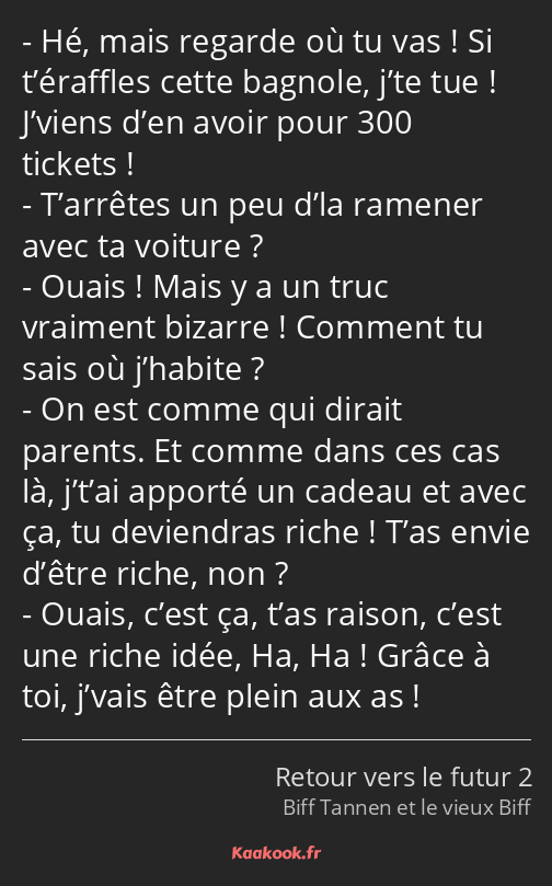 Hé, mais regarde où tu vas ! Si t’éraffles cette bagnole, j’te tue ! J’viens d’en avoir pour 300…