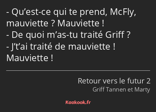 Qu’est-ce qui te prend, McFly, mauviette ? Mauviette ! De quoi m’as-tu traité Griff ? J’t’ai traité…