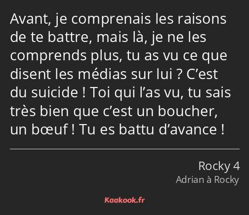 Avant, je comprenais les raisons de te battre, mais là, je ne les comprends plus, tu as vu ce que…