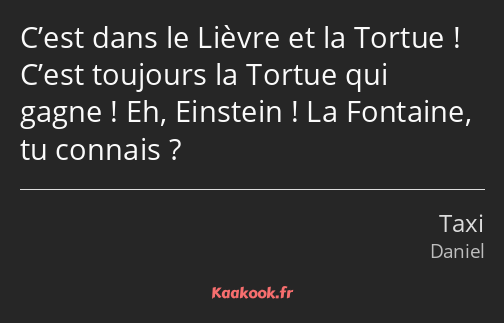 C’est dans le Lièvre et la Tortue ! C’est toujours la Tortue qui gagne ! Eh, Einstein ! La Fontaine…