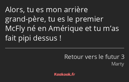 Alors, tu es mon arrière grand-père, tu es le premier McFly né en Amérique et tu m’as fait pipi…