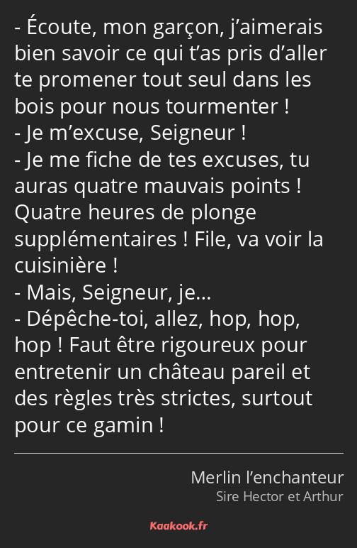 Écoute, mon garçon, j’aimerais bien savoir ce qui t’as pris d’aller te promener tout seul dans les…