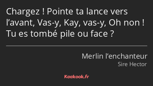 Chargez ! Pointe ta lance vers l’avant, Vas-y, Kay, vas-y, Oh non ! Tu es tombé pile ou face ?