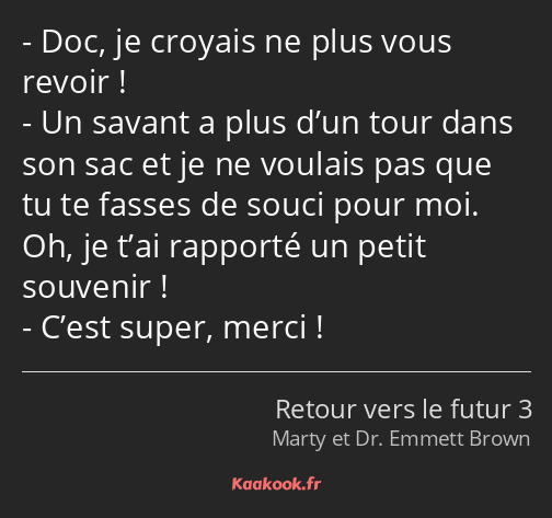 Doc, je croyais ne plus vous revoir ! Un savant a plus d’un tour dans son sac et je ne voulais pas…