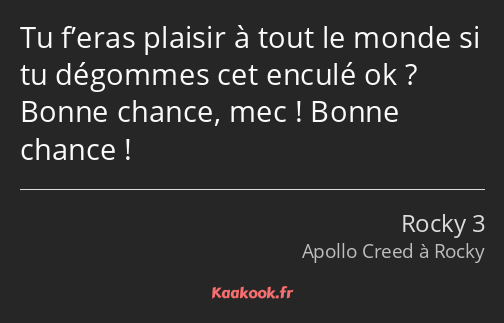 Tu f’eras plaisir à tout le monde si tu dégommes cet enculé ok ? Bonne chance, mec ! Bonne chance !