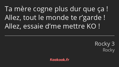 Ta mère cogne plus dur que ça ! Allez, tout le monde te r’garde ! Allez, essaie d’me mettre KO !