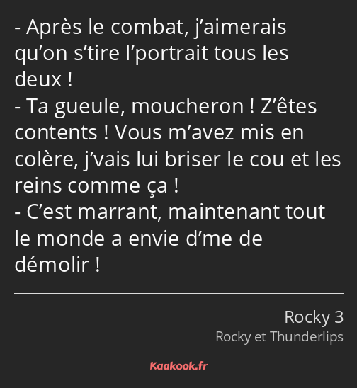 Après le combat, j’aimerais qu’on s’tire l’portrait tous les deux ! Ta gueule, moucheron ! Z’êtes…