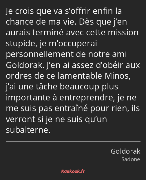 Je crois que va s’offrir enfin la chance de ma vie. Dès que j’en aurais terminé avec cette mission…