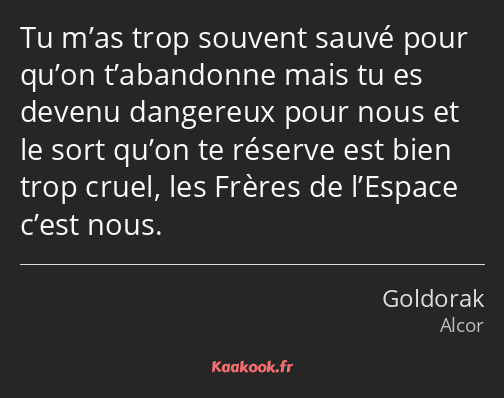 Tu m’as trop souvent sauvé pour qu’on t’abandonne mais tu es devenu dangereux pour nous et le sort…