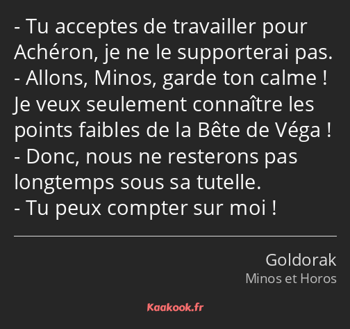 Tu acceptes de travailler pour Achéron, je ne le supporterai pas. Allons, Minos, garde ton calme…