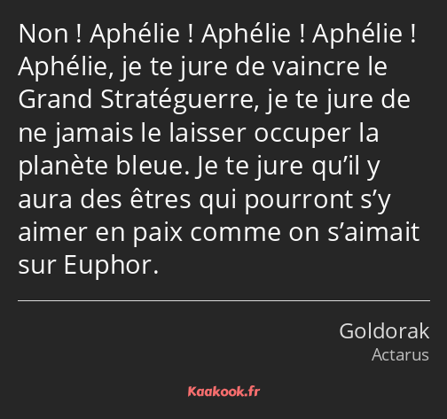 Non ! Aphélie ! Aphélie ! Aphélie ! Aphélie, je te jure de vaincre le Grand Stratéguerre, je te…