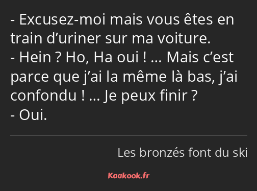 Excusez-moi mais vous êtes en train d’uriner sur ma voiture. Hein ? Ho, Ha oui ! … Mais c’est parce…